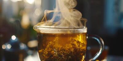Close-up of herbal tea in a glass cup with steam rising, culinary photography photo