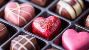 Close-up of heart-shaped chocolates with delicate patterns in a compartmentalized box, food photography photo