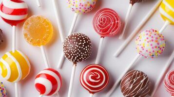 Close-up of various round lollipops with patterns and colors on long sticks, food photography photo
