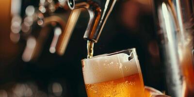 Close-up shot of craft beer being poured into a glass from a bottle, food photography photo