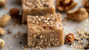 Close-up of sesame halva, featuring smooth, dense interior and scattered nuts, culinary photography photo
