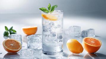 Cold, clear drink served in a tall glass with ice cubes and a citrus slice, culinary photography photo