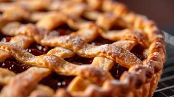 Close-up view of a pastry with a lattice crust and a visible fruit filling, culinary photography photo