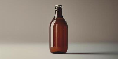 Dark brown kombucha bottle with a simple label, placed on a gray background, culinary photography photo