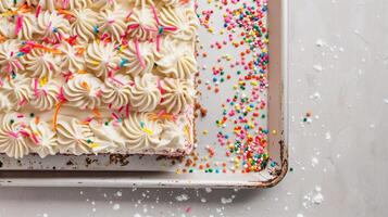 Decorated sheet cake, uncut, resting on a simple baking sheet, food photography photo
