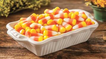 Decorative dish filled with candy corn, the traditional three-color pattern prominently displayed, culinary photography photo