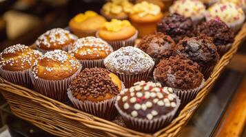 Display of assorted muffins in a basket, each with a distinct, rounded top, culinary photography photo