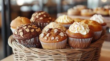 Display of assorted muffins in a basket, each with a distinct, rounded top, food photography photo
