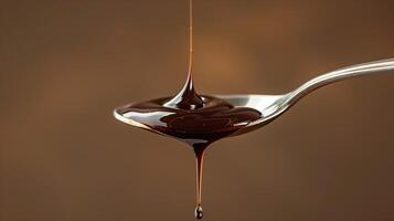 Drop of chocolate syrup hanging from the tip of a metal spoon, food photography photo