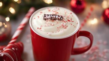 Festive cup with a creamy drink and a piece of peppermint bark on the rim, culinary photography photo