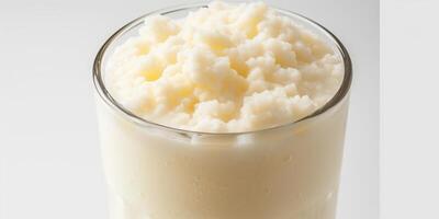 Glass filled with kefir, showing its slightly frothy surface, placed on a plain white background, culinary photography photo