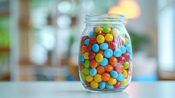 Glass jar filled with multi-colored jawbreakers on a white table, culinary photography photo