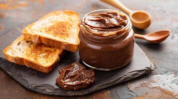 Jar of nut-free spread with the lid removed, beside a slice of toasted bread, culinary photography photo