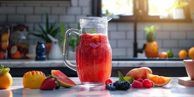 Jug of cold-pressed mixed fruit juice on a kitchen counter, with various fruits displayed around, food photography photo