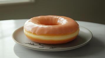 Large, glazed donut on a small plate with a simple design underneath, food photography photo