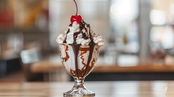 Large ice cream sundae with chocolate sauce and a cherry on top, culinary photography photo