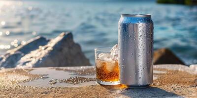 Metal can of diet soda standing upright on a concrete surface beside a glass of ice, food photography photo