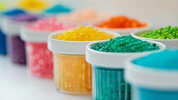Row of small containers filled with different colors of jimmies, arranged in a line, culinary photography photo