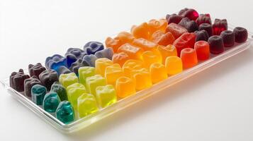 Themed gummy candies in various colors organized in a row on a rectangular tray, food photography photo