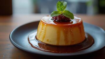 Serving of flan on a plate with caramel sauce and a sprig of mint, culinary photography photo