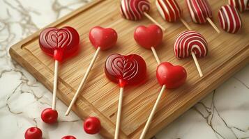 Set of round and heart-shaped lollipops on sticks placed on a wooden board, food photography photo