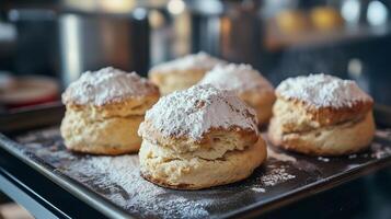Set of scones arranged on a baking tray, with a dusting of fine powder on top, culinary photography photo