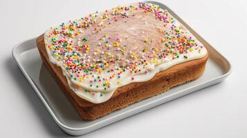 Sheet cake with icing and sprinkles, positioned on a plain rectangular tray, food photography photo