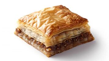 Single baklava piece cut open, revealing layered pastry structure and nut filling, culinary photography photo