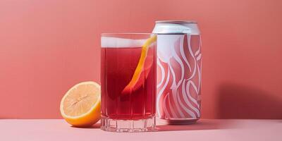 Single can with a bold label next to a glass of red liquid and a lemon wheel, food photography photo