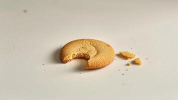 Single cookie on a clean white surface with a slightly broken edge, culinary photography photo