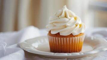 Single cupcake with a dollop of frosting, sitting on a plain white dish, food photography photo