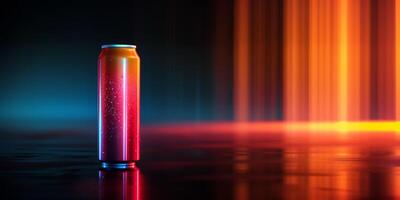 Single energy drink can, upright on a reflective surface, capturing the branding and color, food photography photo