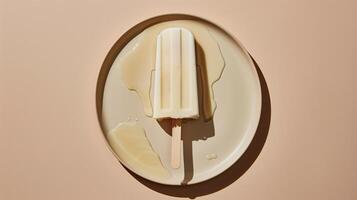 Single ice pop dripping with liquid, held horizontally above a neutral plate, culinary photography photo
