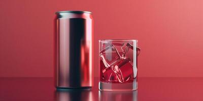 Sleek can with a modern label design beside a filled glass with a clear liquid and ice, culinary photography photo