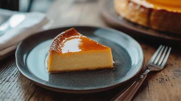 Slice of flan being served on a small plate with a fork and napkin, food photography photo