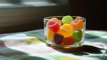 Glass container filled with fruit-shaped candies on a solid-colored tablecloth, culinary photography photo