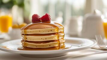 Small stack of pancakes with syrup on a breakfast table setting, culinary photography photo