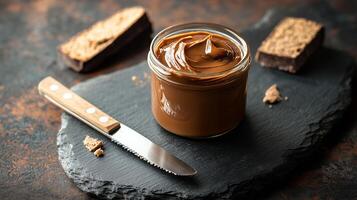 Small glass container of dulce de leche on a slate board with a knife, food photography photo