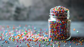 Transparent jar filled with multicolored nonpareils on a plain surface, culinary photography photo