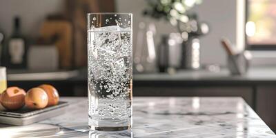 Transparent glass filled with clear sparkling water and bubbles rising, placed on a marble countertop, culinary photography photo