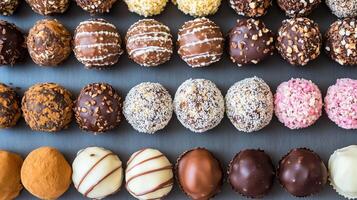 Dairy-free chocolate truffles with various coatings, lined up in rows on a tray, food photography photo