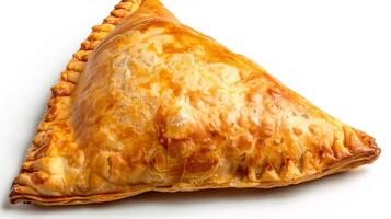 Triangular turnover with a golden-brown crust and a visible filling of fruit or cream, food photography photo