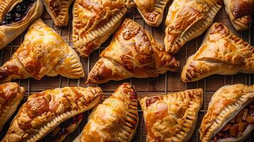 Tray of turnovers with a consistent, flaky texture and various sweet fillings, culinary photography photo