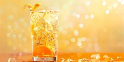 Tumbler with pale carbonated beverage and citrus peel twist, culinary photography photo