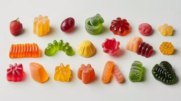 Variety of gummy candies in distinct shapes, displayed randomly on a smooth white background, culinary photography photo