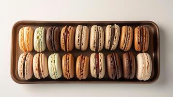 Variety of macarons, each with a different filling, neatly arranged in a row on a tray, food photography photo