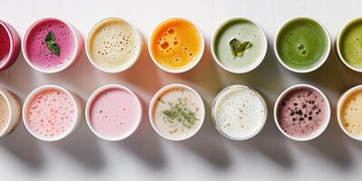Variety pack of probiotic yogurt drinks in different flavors, arranged in a neat row, food photography photo