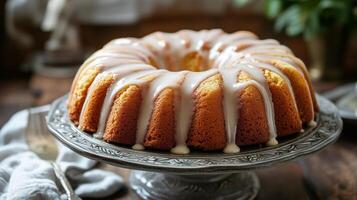 Vegan pound cake topped with a glaze, displayed on a ceramic dish with a serving utensil, culinary photography photo
