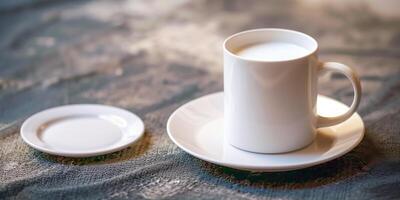 White cup filled with plant-based milk, accompanied by an empty plate on a table, food photography photo