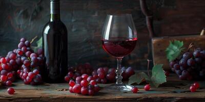 Wine glass containing red wine, alongside an uncorked bottle and scattered grapes, culinary photography photo